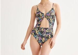 Ninety-Nine Juniors V-Wire One-Piece Swimsuit Floral Lined Cut-Out Size L /11-13